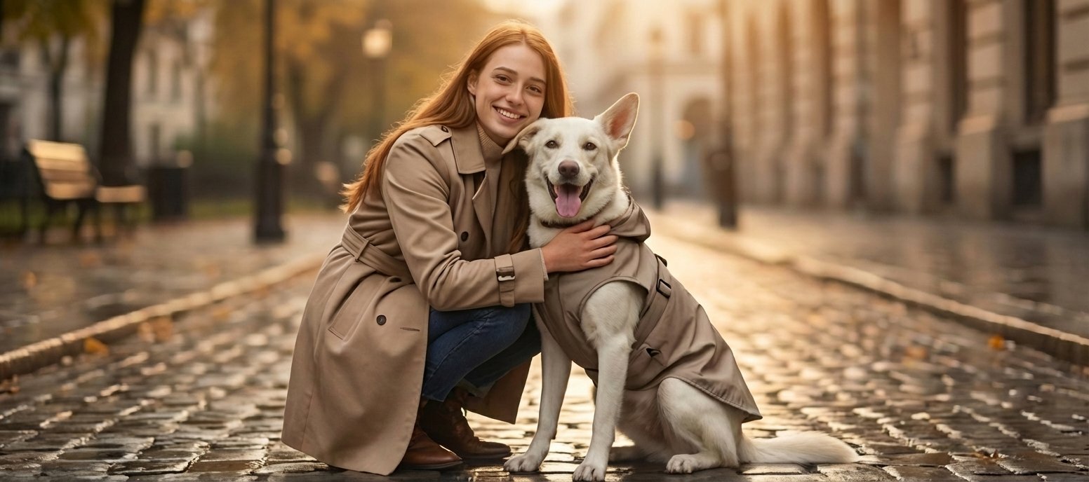 Woman with dog in matching coats on cobblestone street